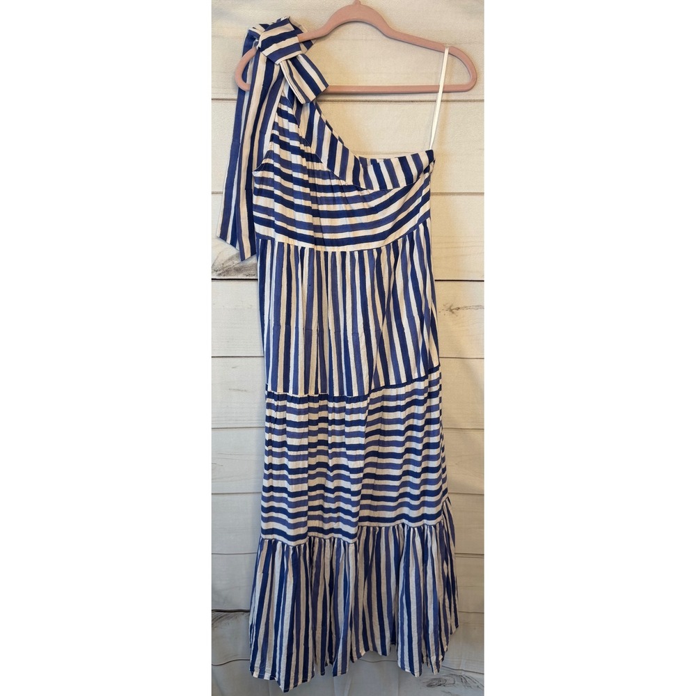 Madison Mathews Blue White Striped One Shoulder Bow Tiered Cotton Maxi Dress S